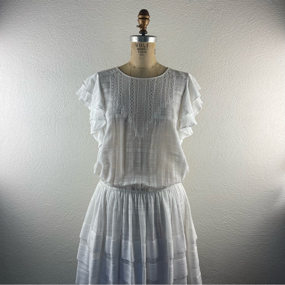 BCBG MaxAzria l M Joice Summer White Embroidered Lace Ruffled Tiered Skirt Dress